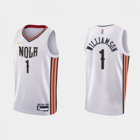 Men's New Orleans Pelicans #1 Zion Williamson 2021/22 White City Edition 75th Anniversary Stitched Jersey Men's New Orleans Pelicans #1 Zion Williamson 2021/22 White City Edition 75th Anniversary Stitched Jersey