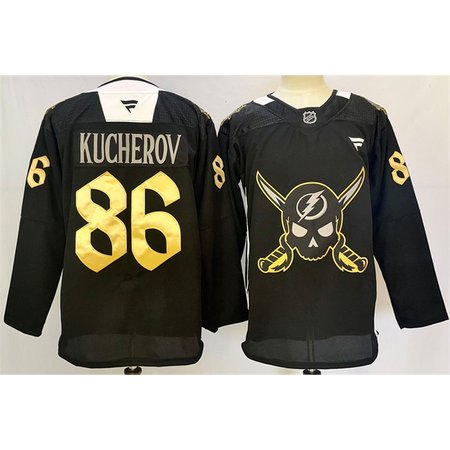 Men's Tampa Bay Lightning #86 Nikita Kucherov 2024-25 Black Gasparilla inspired Pirate-themed Warmup Stitched Premium Jersey