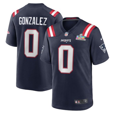 Men's New England Patriots #0 Christian Gonzalez Navy Super Bowl LX Patch Game Jersey