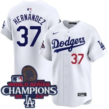 Men's Los Angeles Dodgers #37 Teoscar Hernandez White 2024 World Series Champions Home Limited Stitched Baseball Jersey
