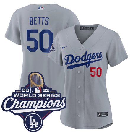Women's Los Angeles Dodgers #50 Mookie Betts Nike Gray 2025 World Series Champions Home Limited Jersey