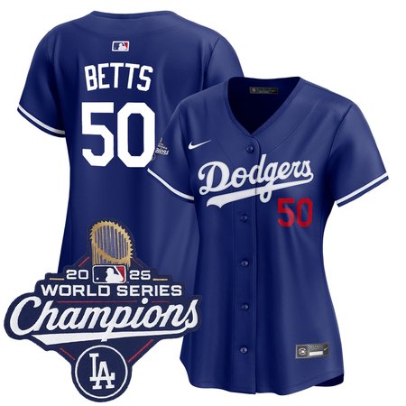 Women's Los Angeles Dodgers #50 Mookie Betts Nike Royal 2025 World Series Champions Home Limited Jersey