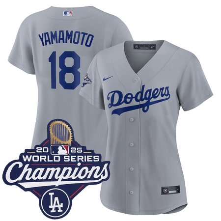 Women's Los Angeles Dodgers #18 Yoshinobu Yamamoto Nike Gray 2025 World Series Champions Home Replica Jersey