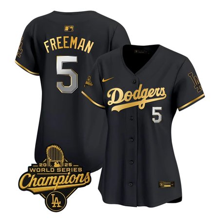 Women's Los Angeles Dodgers #5 Freddie Freeman Nike Black Golden 2025 World Series Champions Home Limited Jersey